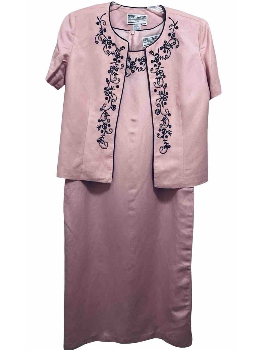 JESSICA HOWARD Sz 12 P Pink Linen Blend Jacket Dress Short Sleeve Lined Beaded
